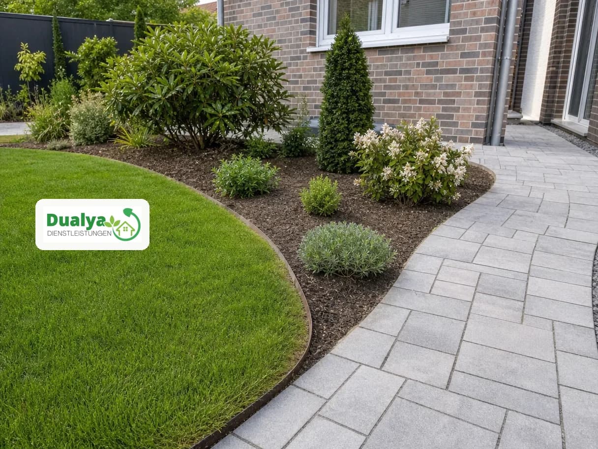 Gartenarbeit mit Rasen, Beet und Weg